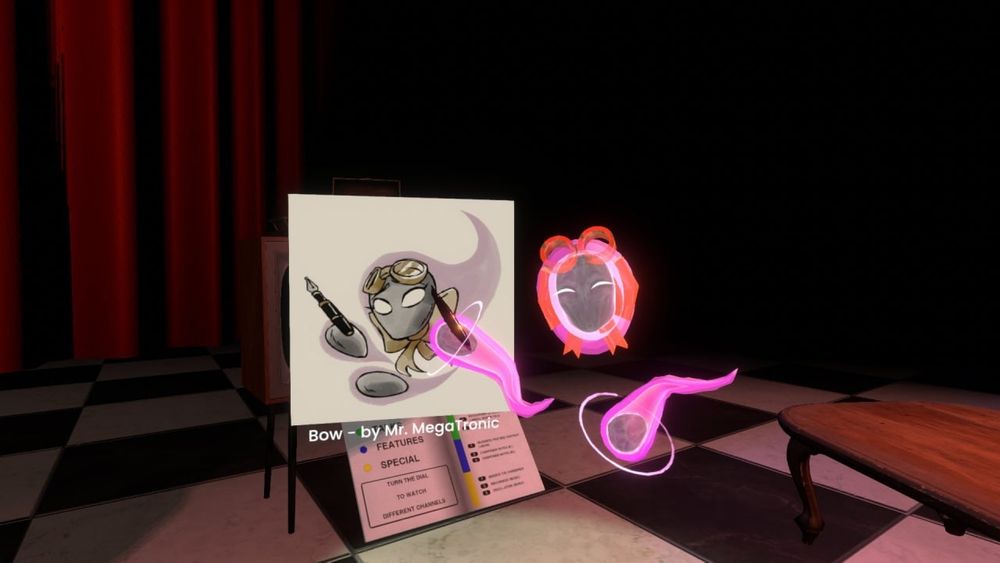 A floating wisp avatar floating next to a drawing of her