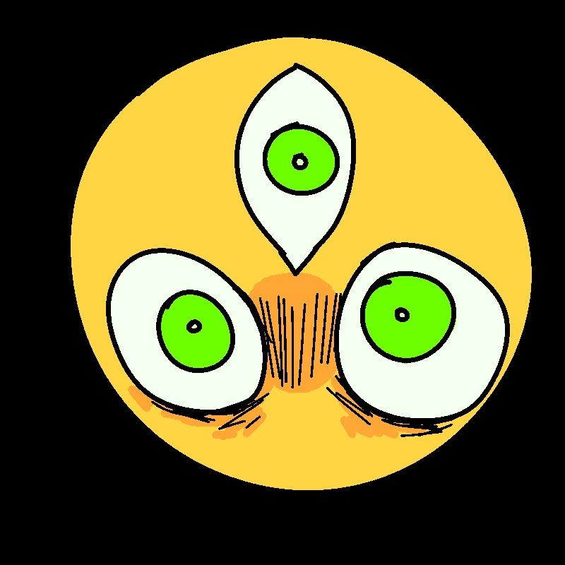 [CREDIT TO squiddle-doodles ON TUMBLR] A yellow circle emoji with two circular green eyes and one vertically oriented eye above them staring directly at the viewer.