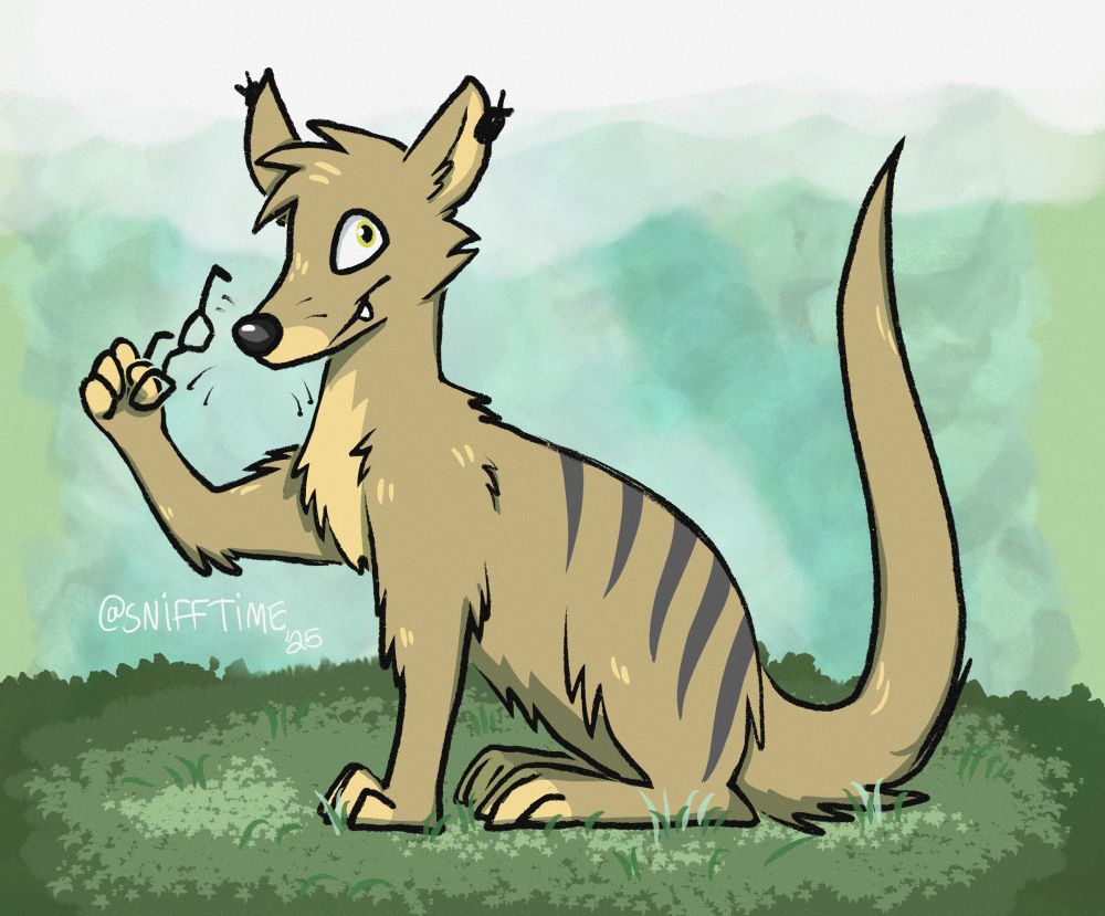 a digital drawing of a sandy-colored thylacine on all fours sitting in a patch of grass and holding their glasses in their paw