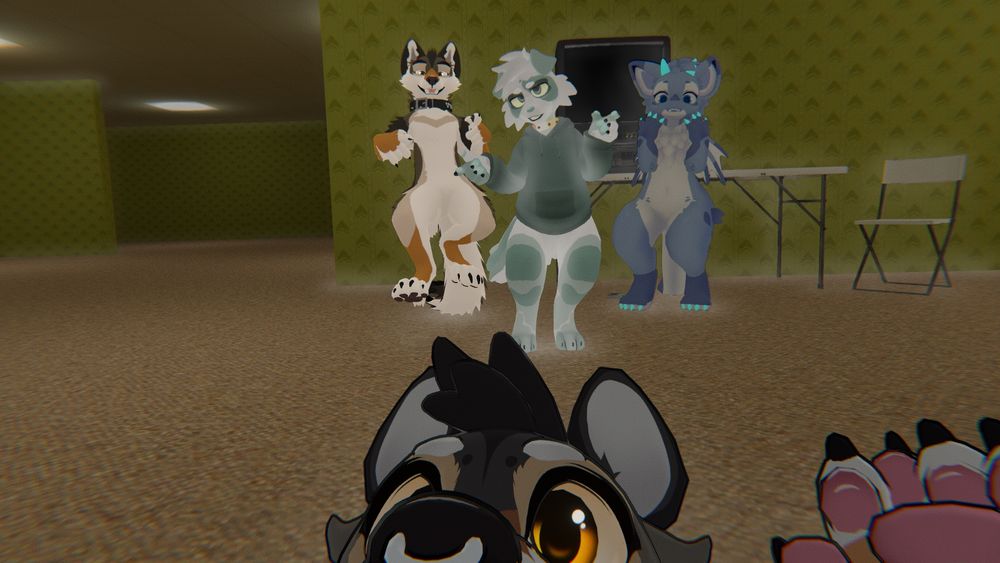 a spooky selfie in the VRchat infinite backrooms showing 2 wolves, a dog, and a dragon hanging out. there is a foggy atmosphere adding to the fright factor.