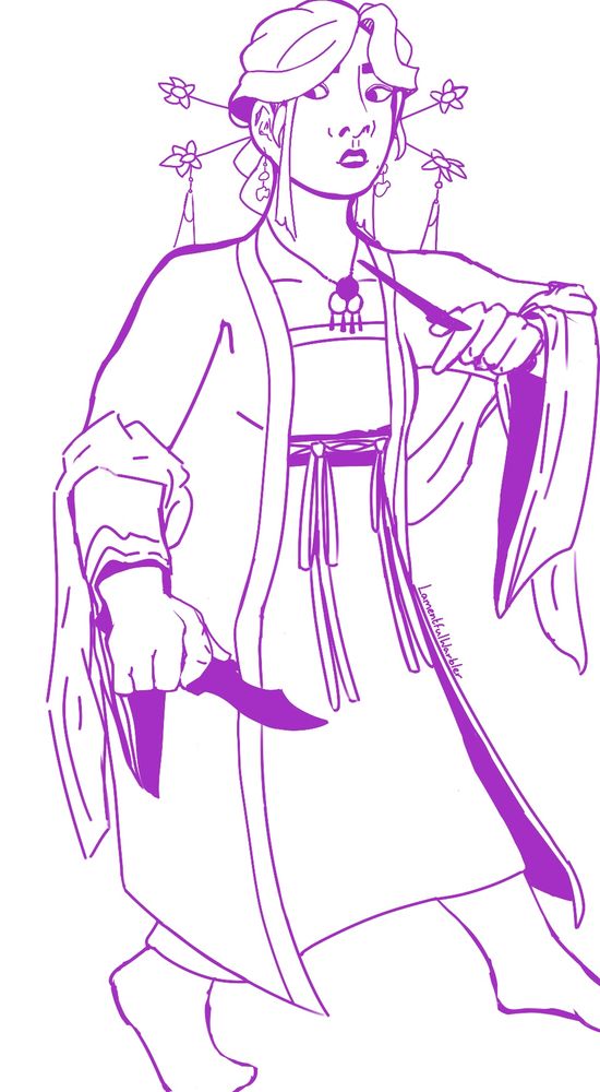 Fanart of Qin Su from MDZS. She’s in a fighting stance, holding a blade in each hand, but doesn’t look very aggressive. If anything she seems slightly put off.

The drawing is done with purple lines, and isn’t coloured in.
