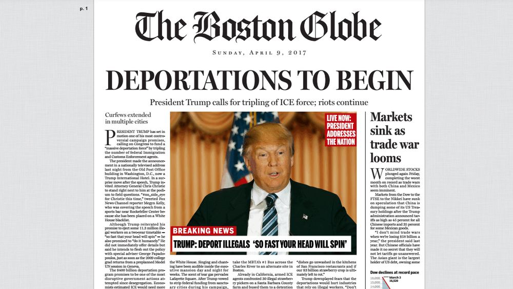 The front page of the paper's opinion section has fake stories about a market crash, the beginning of mass deportations and U.S. military refusing orders from its civilian leadership.