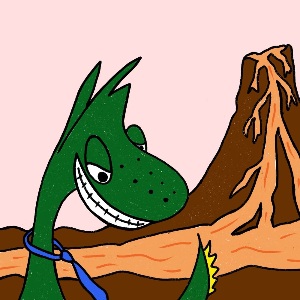 A green lizard guy with a blue necktie grinning next to an active volcano with lava spewing , the sky is light pink for some reason. 