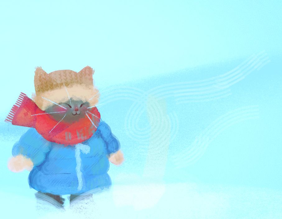 a drawing of a gray, fuzzy cat with rosy cheeks, a pink nose, and long white whiskers. they are smiling in the snow. they are wearing a big, red scarf that is flowing in the wind. they are also wearing a big, blue, puffy coat, white gloves, and a fuzzy beige hat. the wind swirls behind them. 