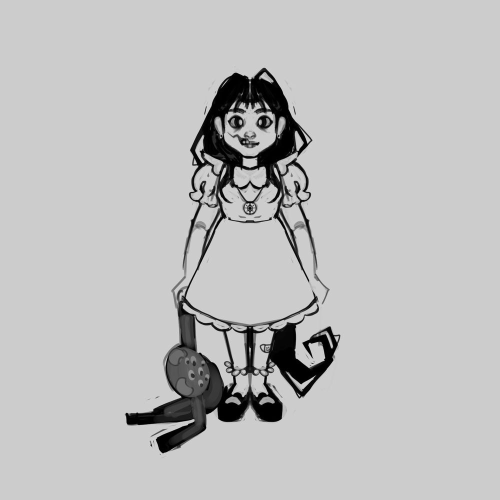 a drawing of a little girl stands in the center, smiling. she has long, messy, black hair and wide, black eyes. she is about 6. she has  a large facial scar from the right side of her mouth and up her cheek, exposing her teeth. she wears a dress that goes to her knees, with puff sleeves, lace trim, and a wide lace collar. She is wearing black mary jane’s with frilly socks. she has a bandaid on her left knee, and is wearing a necklace with a symbol that is a cross between a starburst and an eye. in her right hand, she is holding a homemade “teddy bear”, with 6 long legs, and 7 eyes. 