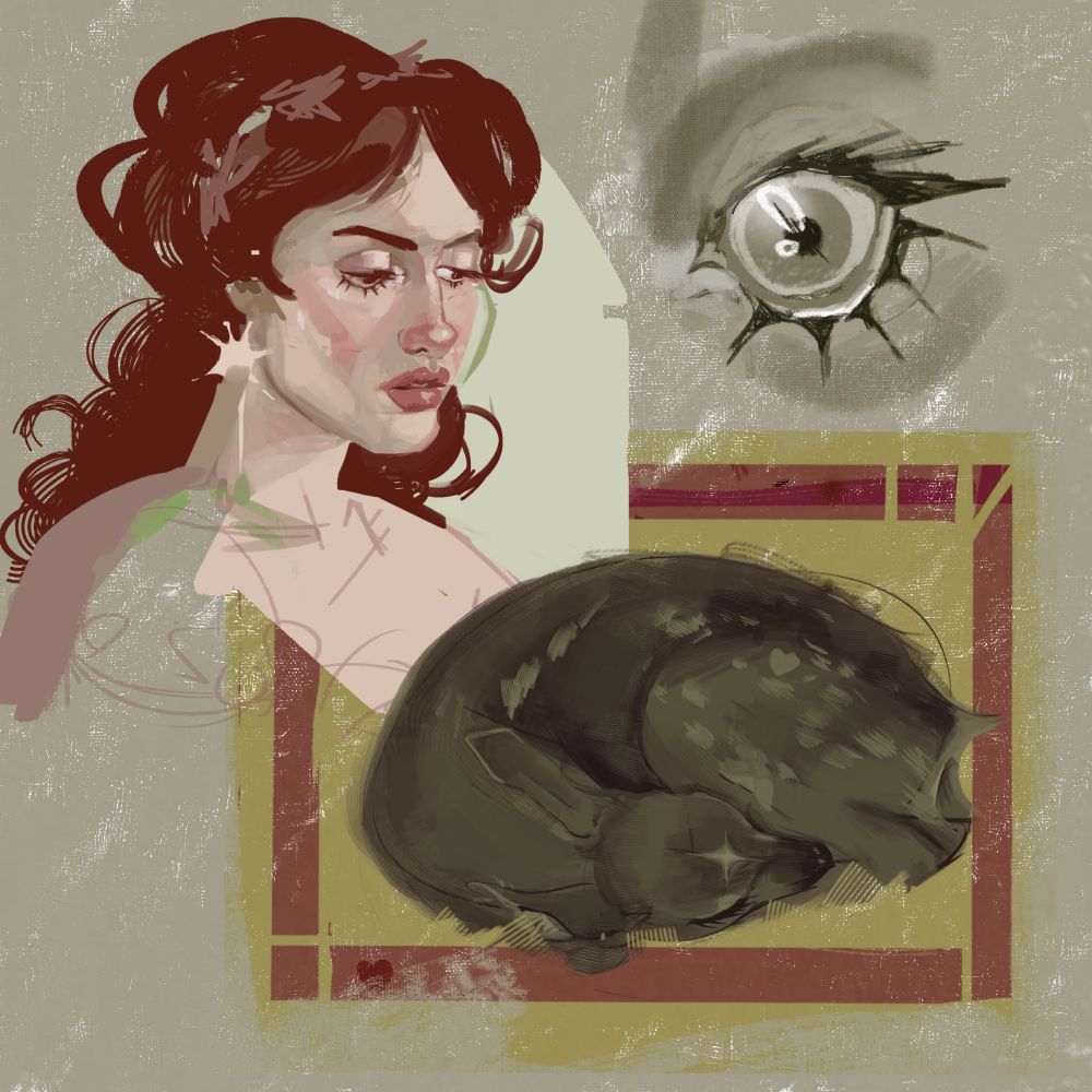 a digital drawing. a pale beige background. in the top right corner, and black and white eye, wide open. on the left, a woman in a three quarter pose facing right. she has a star earring, red hair, and strong cheekbones. in the bottom right, in a frame with a green background and red edges, a baby deer is sleeping, curled up in a ball. in the middle of his head is a star