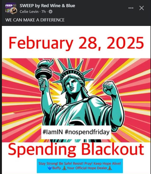 February 28th, 2025 is NO SPEND Friday. Spending Blackout to Resist! Stay safe! Sponsored by SWEEP - Red, Wine & Blue
