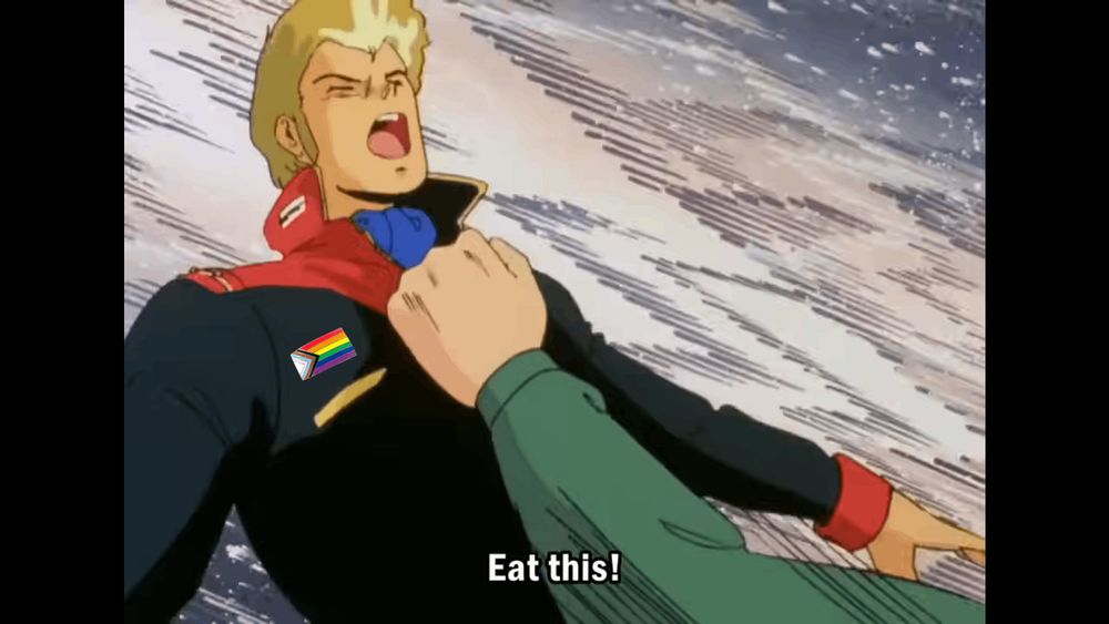 Screenshot from episode one of Zeta Gundam with Jerid getting punched in the face with a progress pride flag pin on him