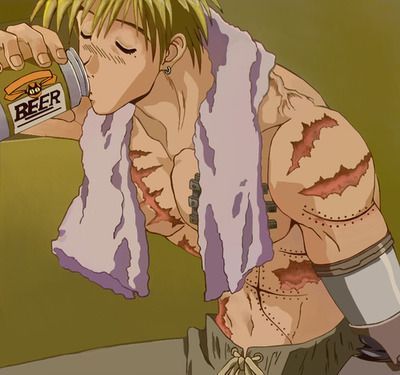 Vash the Stampede topless, scared, having a towel on over his neck and drinking a beer
