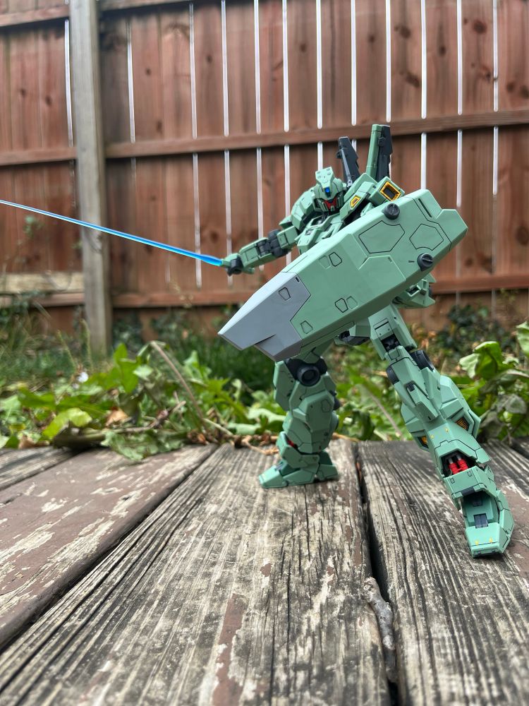 Beam saber drawn with shield out in front dynamically(like classic RX-78-2 pose)