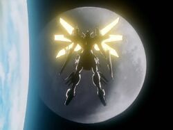 Scene from After War Gundam X with the Double X in front of the moon