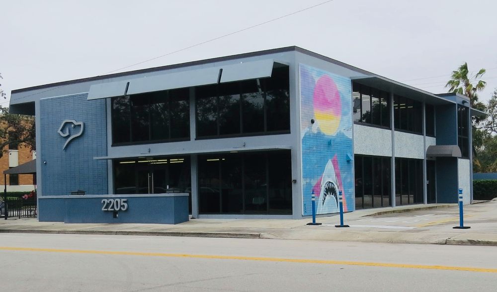 Color photo of a two-story commercial building in Florida. There is a logo on the front/street facing side of the building of a profile of a dog's head. There is a ocean with shark mural on the right side of the building.