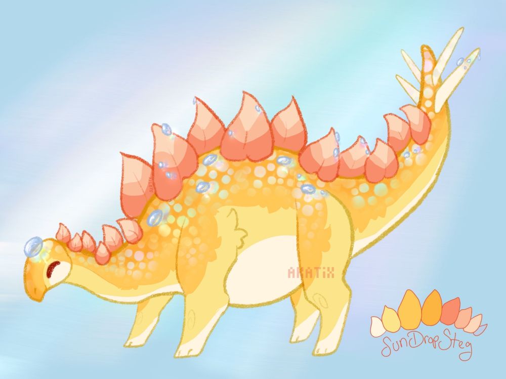A cute brightly coloured Stegosaurus! They're bright sunshiney colours with little dew drops casting little rainbows around them. They're a design adopt, so this cutie could be yours!