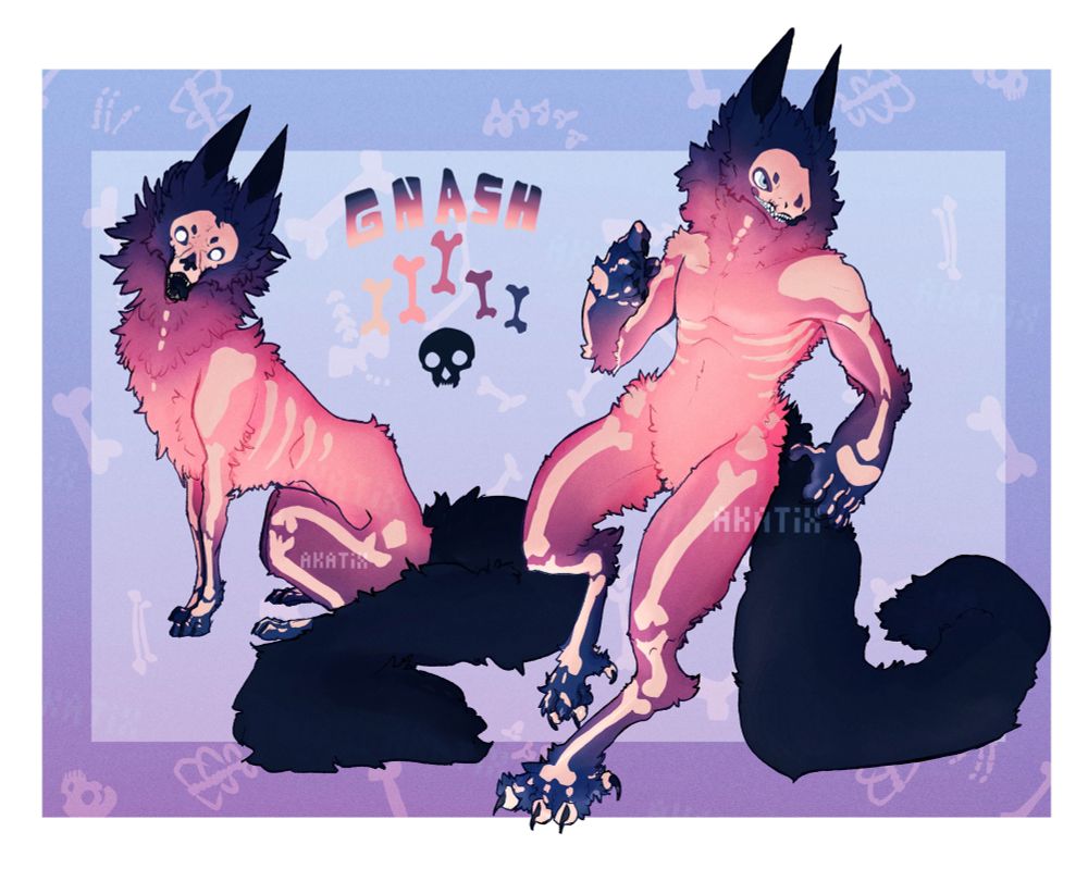A character reference page for Gnash! A bright but skeletal patterned Snowgrem. HIs Grem form on the right and his dog form on the left. 