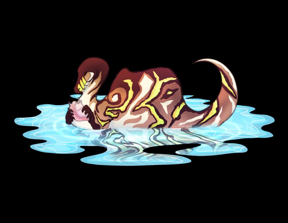 A happy spinosaurs wades through an abstract piece of water?? idk I can't draw backgrounds so it's just a blob of water LOL they found a pretty shell :)