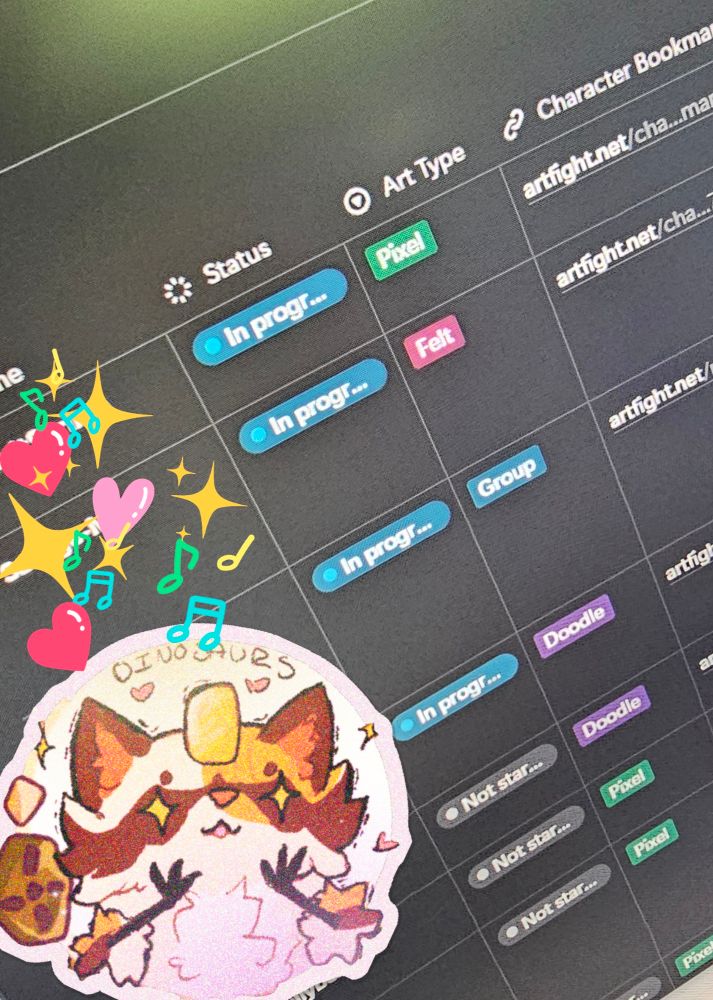A screenshot of a Notion organizer where artfight attack plans are laid out. Names are covered by stickers;) 