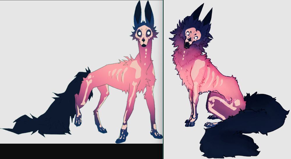 Two drawings of the same canine design are side by side. The left by the wonderful Lord-StarryFace (on dA, toyhouse etc) and the right by Akatix. 