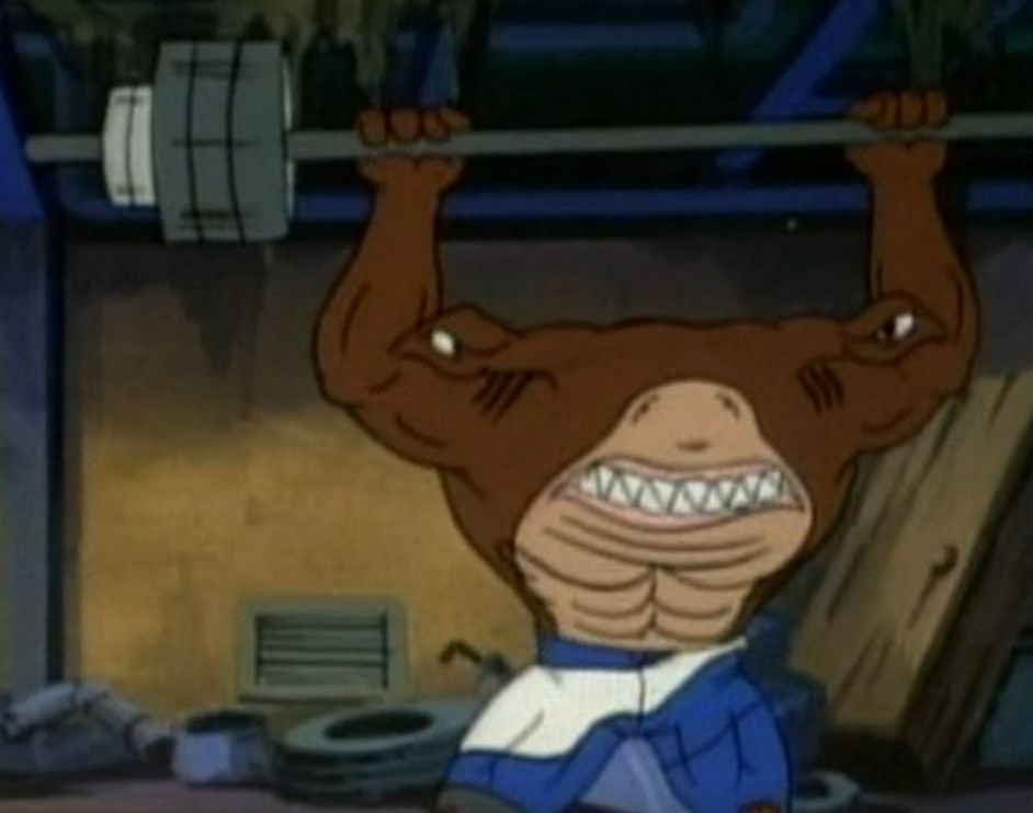 The worst drawn muscled hammerhead shark man you've ever seen in your life holding a giant weight.