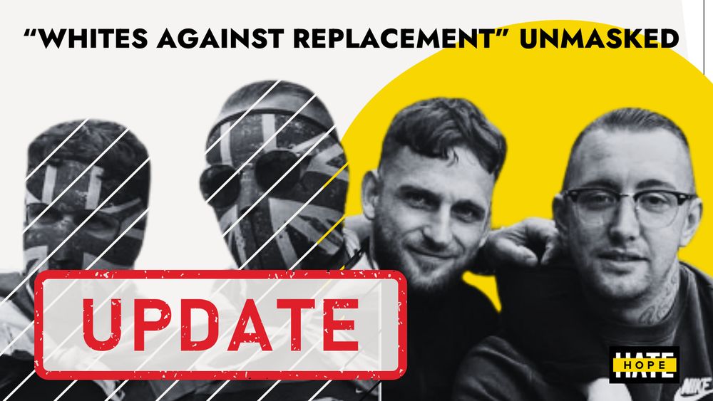 Two masked extremists pictured side by side in union jack masks. 