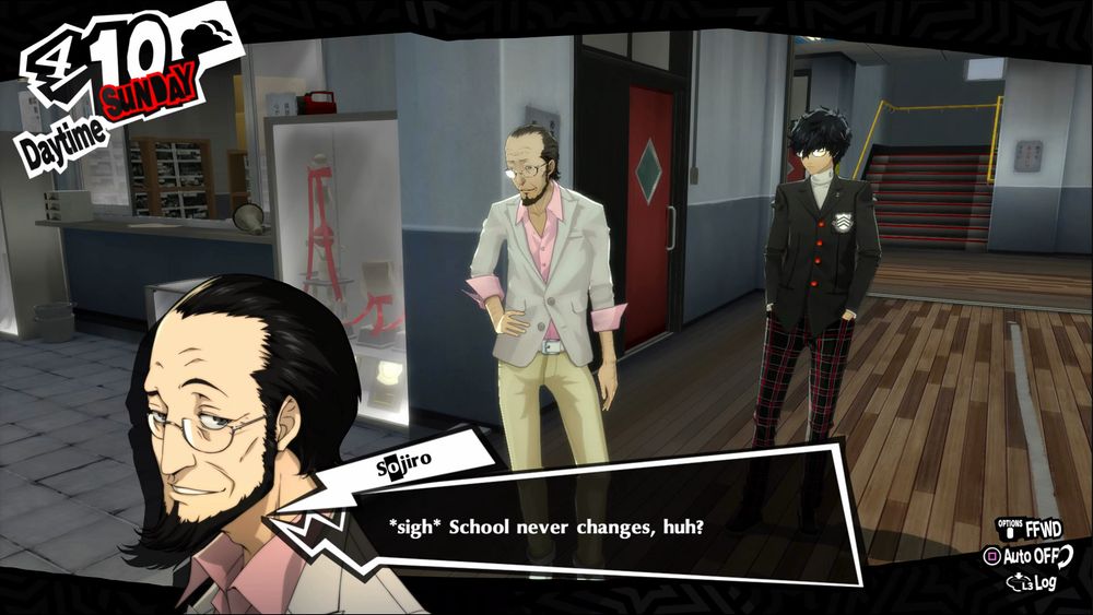 Persona 5 Screenshot for April 10th. Daytime on Sunday.

Sojiro is standing in the school hallway with joker. He is smiling saying, "sigh, school never changes, huh?"