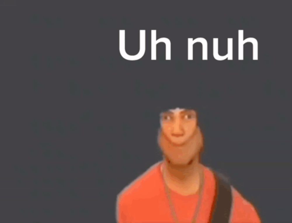 a man in an orange shirt is pointing up with the words uh nuh behind him