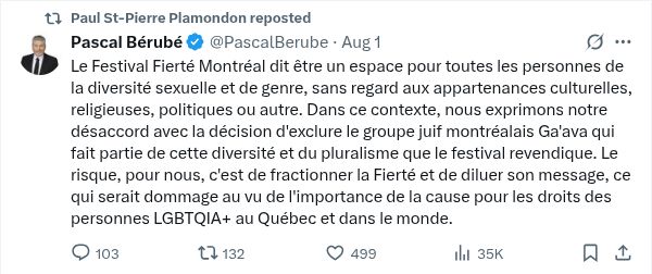 Le Festival Fierté Montréal dit être un espace pour toutes les personnes de la diversité sexuelle et de genre, sans regard aux appartenances culturelles, religieuses, politiques ou autre. Dans ce contexte, nous exprimons notre désaccord avec la décision d'exclure le groupe juif montréalais Ga'ava qui fait partie de cette diversité et du pluralisme que le festival revendique. Le risque, pour nous, c'est de fractionner la Fierté et de diluer son message, ce qui serait dommage au vu de l'importance de la cause pour les droits des personnes LGBTQIA+ au Québec et dans le monde.