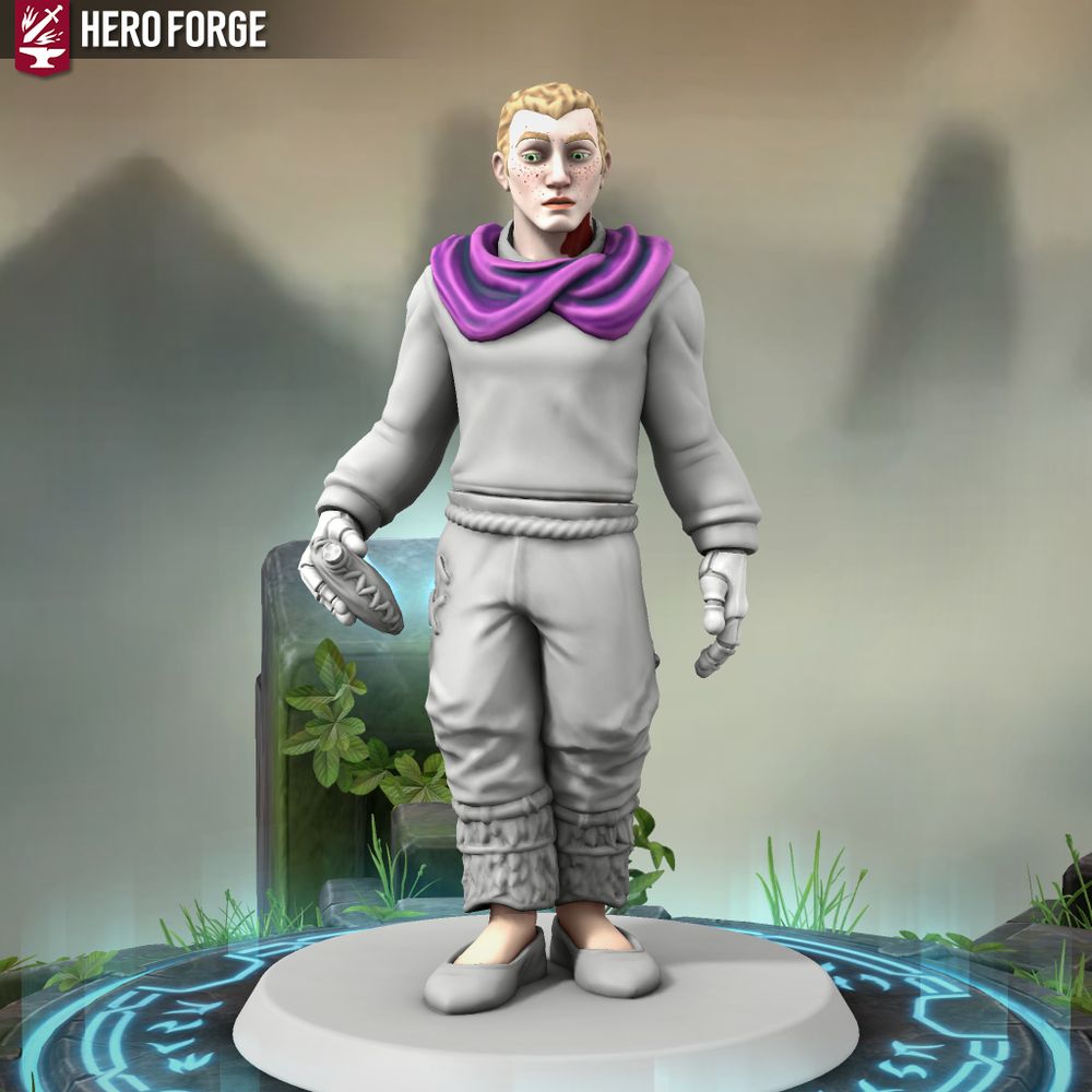 In progress render of a blond, green-eye guy in heroforge. He is that shade of white pink that white nerds tend to get. But he has freckles too.

He has metallic joints for hands, a baffled look on his face and uncolored clothes. Other than a blemish on his neck and a waterskin, I need to finish him.