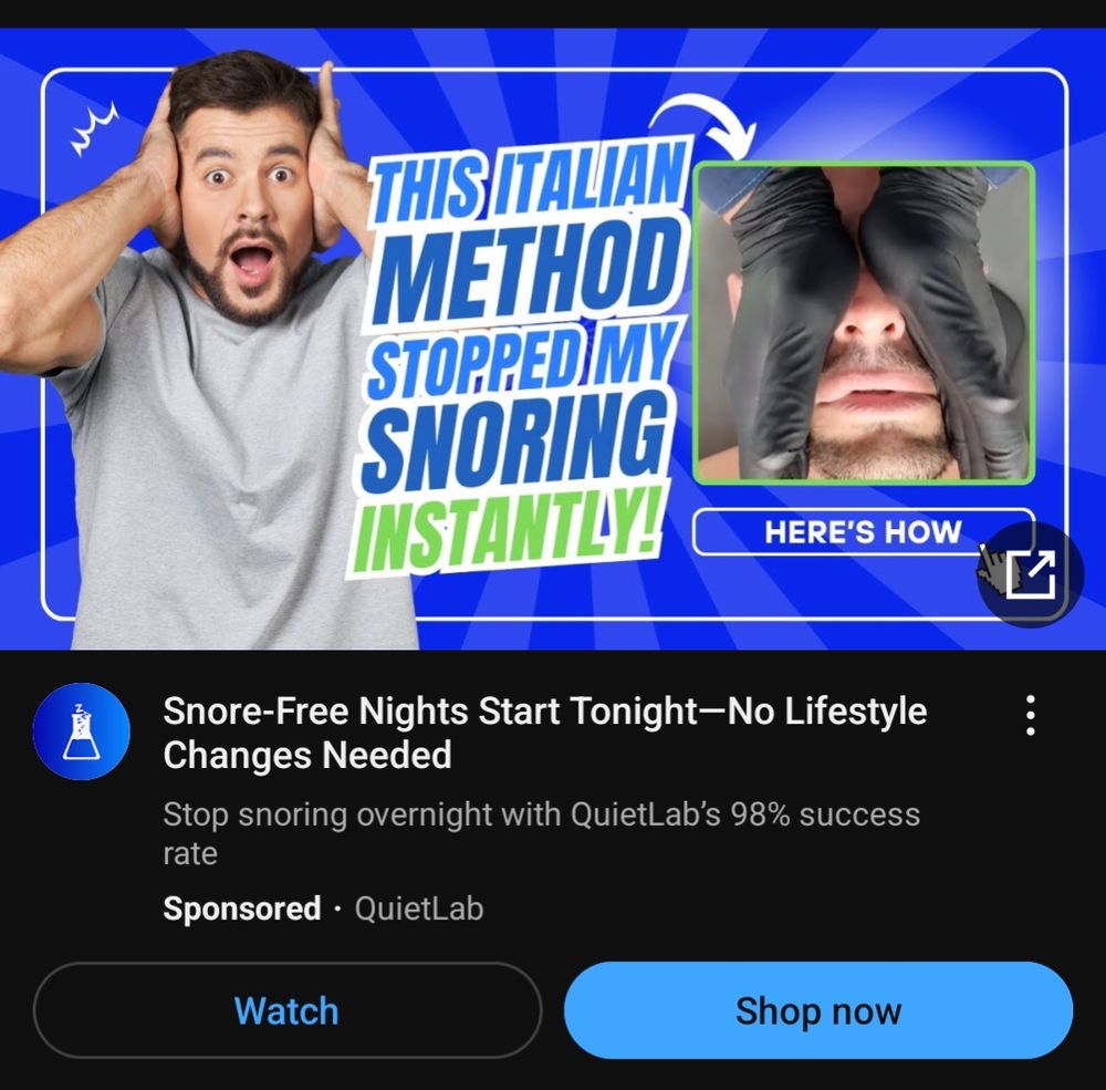 Advertisement for something with quietlab

To the right, I don't know what is going on but it looks like two black leather wearing asses of tiny figures on a guy's face. 

And to the Left, very surprised guy. Text, ' This Italian method stopped by snoring instantly!'

Snore free nights start tonight- no lifestyle changes needed 
Sponsored - quiet lab
