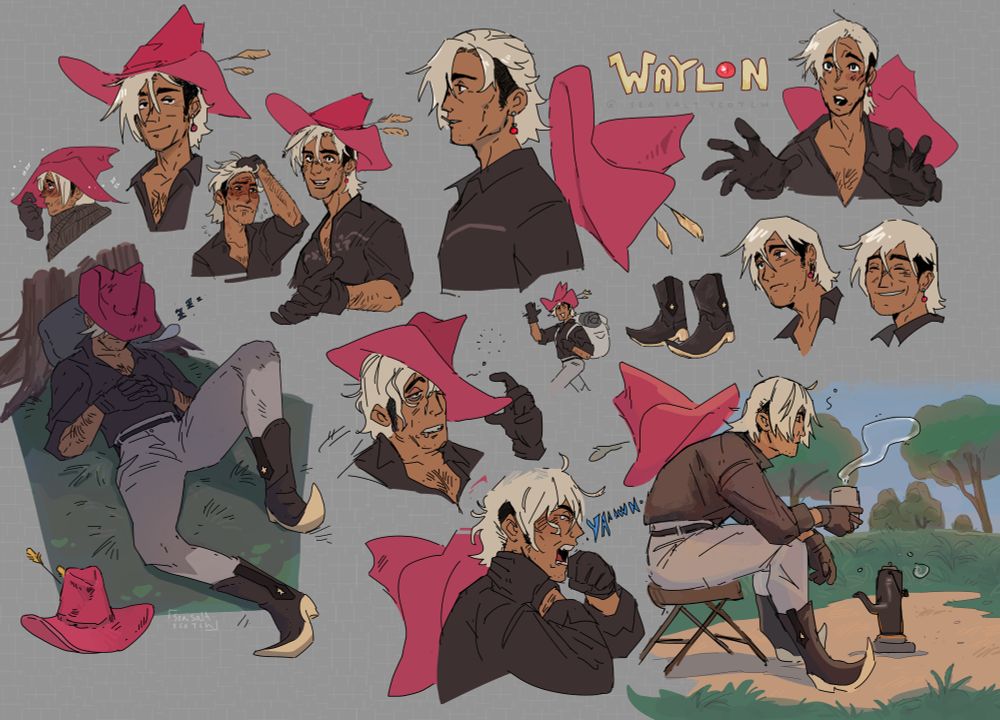 An illustrated page of my wizard character, Waylon. He has light blond hair, with a tall, pinkish wizard hat in the style of a cowboy hat, and pointed cowboy shoes. The page has various drawings of him, including busts of different expressions, full-body drawings of him laying and cooking up a coffee on a stack of glowing stones, and little drawings of his hat and shoes. His hat floats off his shoulders without tether in some.