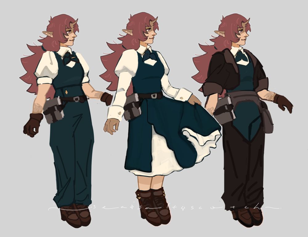 The same girl in the same full-body pose in three different outfits. One in a blouse, vest, and pants; the second in a vest-top dress with a split skirt, and the final with a dark brown jacket and chaps over a similar design to the first outfit.