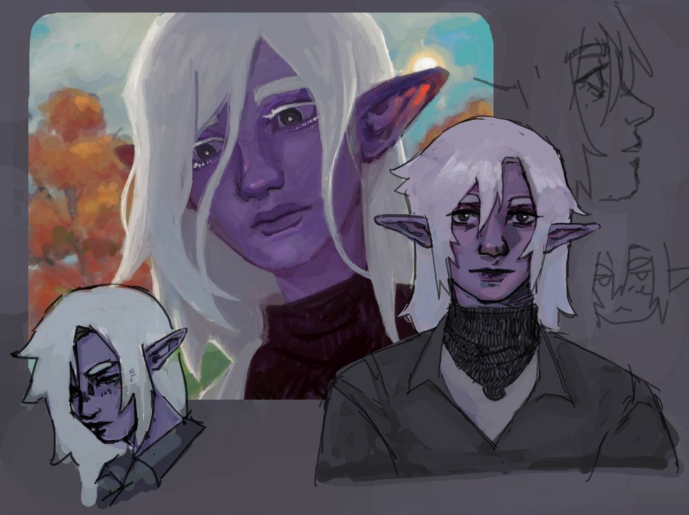 a few colored and plain head-shot / bust-up sketches of an OC - an androgynous purple-hued elf man (Kivessin). 