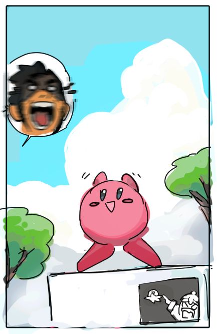 Same reference as before, but instead of Princess Peach it is Kirby waving. King Dedede is the doodle in the corner, pointing angrily at Kirby's sick new car (the air rider's star)