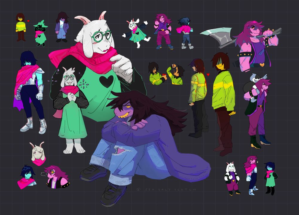 Various illustrations of deltarune's main trio -- Kris, Susie, and Ralsei. There are small full-body pieces of them without development (standing in their initial outfits / personalities), in their iconic group pose, and in each other's signature outfits (per Halloween newsletter), and one bust-only of Kris and Susie reacting to Ralsei without glasses. There various other single busts and full-body drawings of the characters separately. 