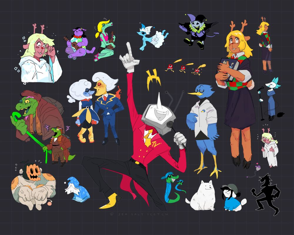 Various illustrations of Deltarune NPCs, including allies, enemies / recruits, bosses, and even the games' bosses (tobyfox's annoying dog mascot and Temmie's characters). The image includes Noelle in her Light world and Dark world outfits (with one of her reconciling her fears by giving a double-thumbs up to a Maus); Berdly in his Light World outfit; Bratty and Catty playing Ukelele together as per that dialogue story; Jevil; Jockington; Chapter 3 main antagonist Tenna; Lanino and Elnina; Tasque Manager in her singing outfit; Shadowguy; Chapter 4 characters Gerson; Jackenstein; and enemy / recruit Bibliox.
