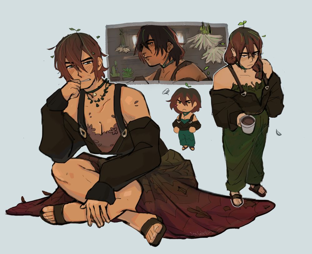 Various drawings of a brunette with leaves in her hair-- notably a two-leaf sprout on her crown. The largest art is of her sitting cross-legged with a slight scowl towards the viewer. The second is of her holding a coffee-cup. There is a panel of her existing in a room with drying flowers and other foliage. There is a small "chibi" art of her looking disgruntled in the middle.