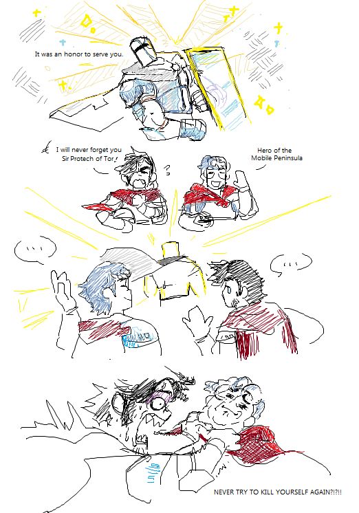 MS Paint comic sketch of a Humanized Screen Protector as a knight saying, "It was an honor to serve you." to cope with the relief of not breaking my stupid phone. Humanized Phone and Humanized Me waving the protector off in gratitude, saying: "I will never forget you Sir Protech of Tor," and "Hero fo the Mobile Peninsula". After a beat, I am strangling the Phone who looks entirely unaffected, saying "Never try to kill yourself again?!"
