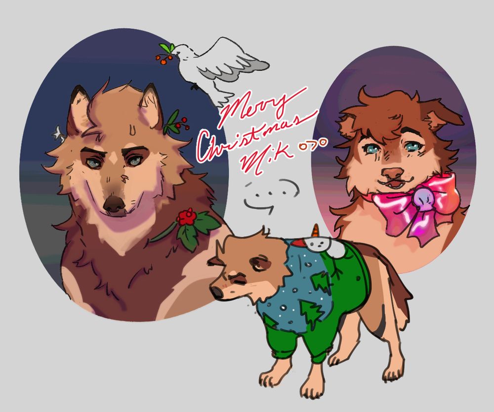 Three drawings of @mikaces.bsky.social's OCs. One is a bust Luca (left), a light and dark brown wolf. Second is a bust of Morgan, a reddish brown wolf pup. Third, is a full body sketch of Luca in a funny Christmas sweater.