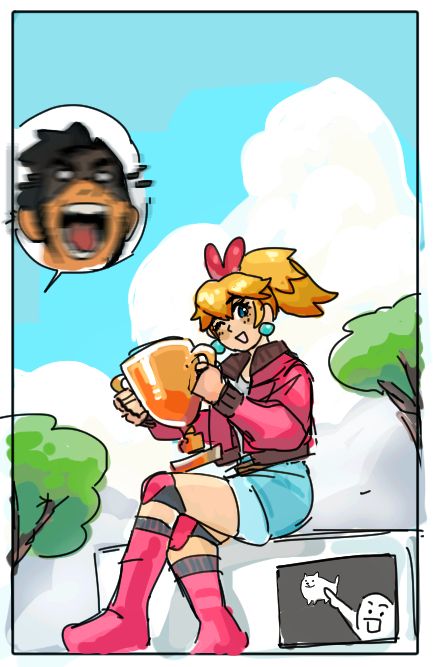 Princess Peach sitting with a trophy and the artist in the corner akin to the Switch 2 Camera capabilities reveal. The pose is a reference to a meme: "Fan Screaming at Madison Beer Performance" (Title from Know Your Meme). In the corner is a doodle of an unidentifiable friend / person in the call also screen sharing. They are pointing at Toby Fox's dog character in disbelief.