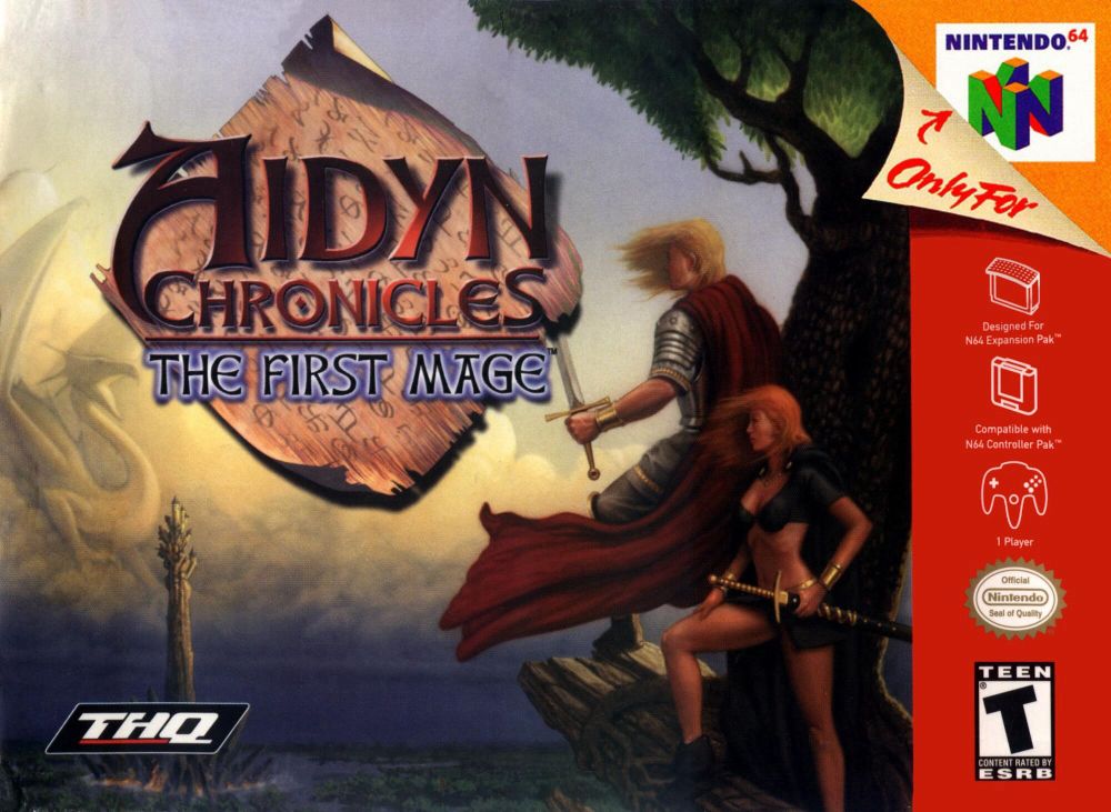The cover of the game “Aidyn Chronicles” for N64. A man in a suit of armor and a woman in a frankly impractical bikini look out over a valley toward a menacing tower protected by a cloud dragon.