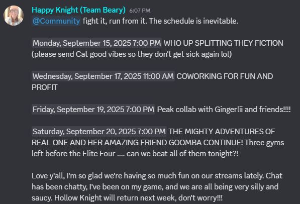 A schedule post describing what Happy Bear will be playing on Twitch this week! We're planning Split Fiction, co-working, a Peak collab, and a continuation of our Pokemon Emerald nuzlocke randomizer!
