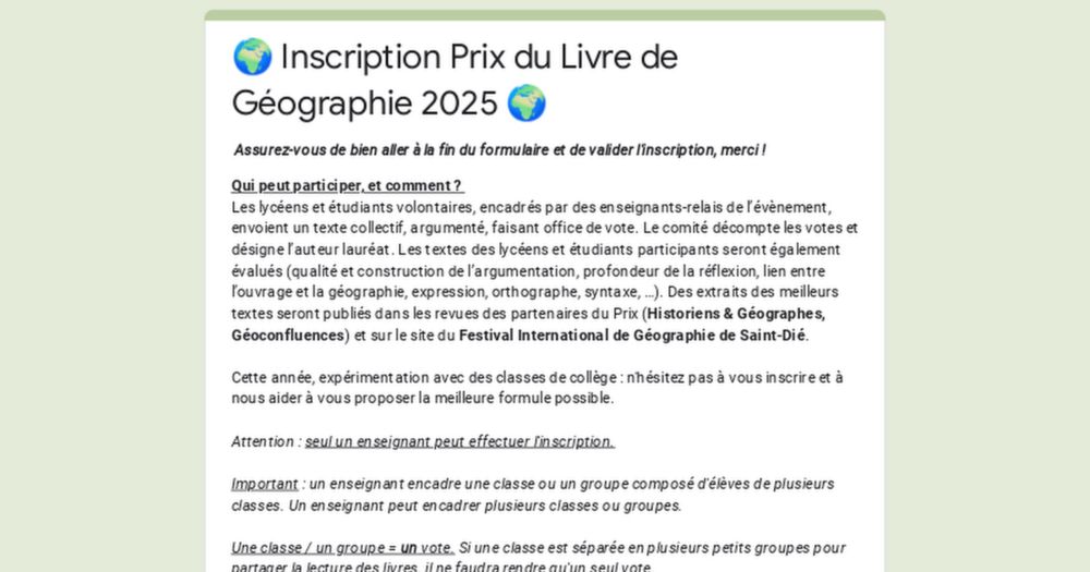 🌍 Inscription Prix du Livre de Géographie 2025 🌍