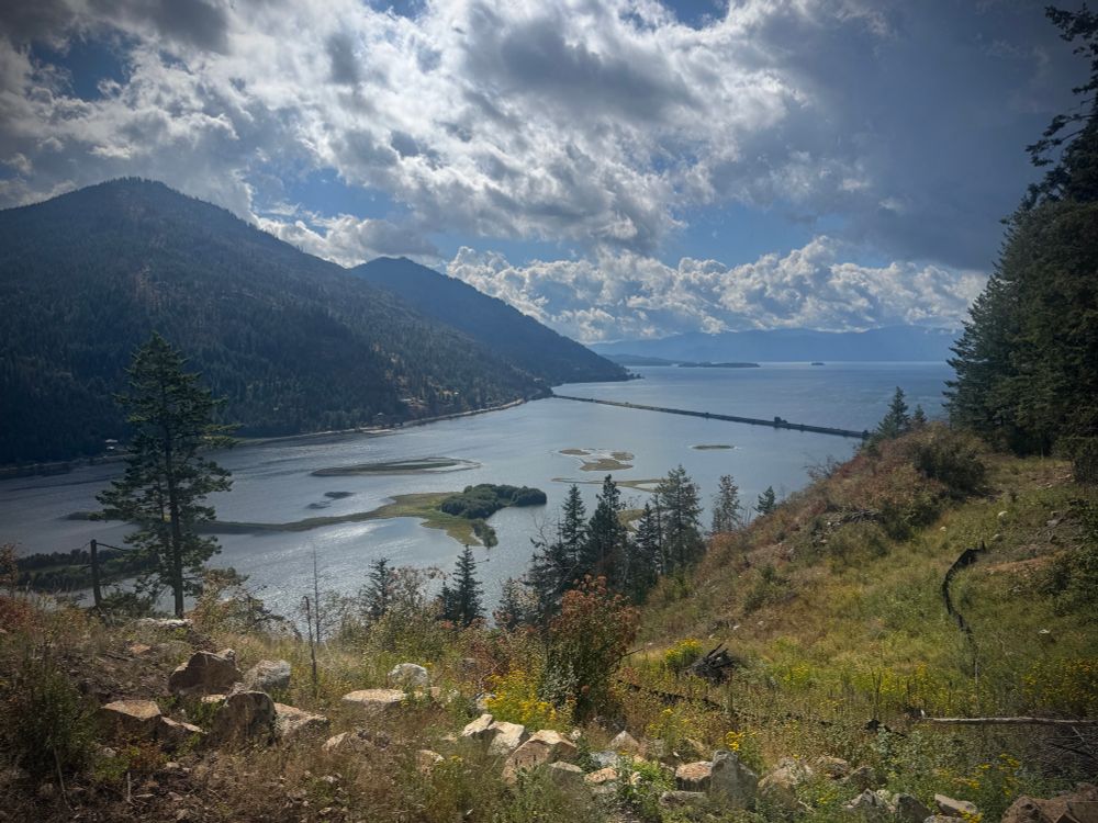 A photo showing the Pack River Delta, Montana rail line, and Lake Pend Oreille