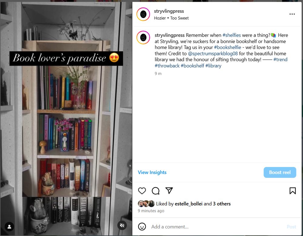 Image features a screenshot of Stryvling Press's Instagram account and their latest reel.
