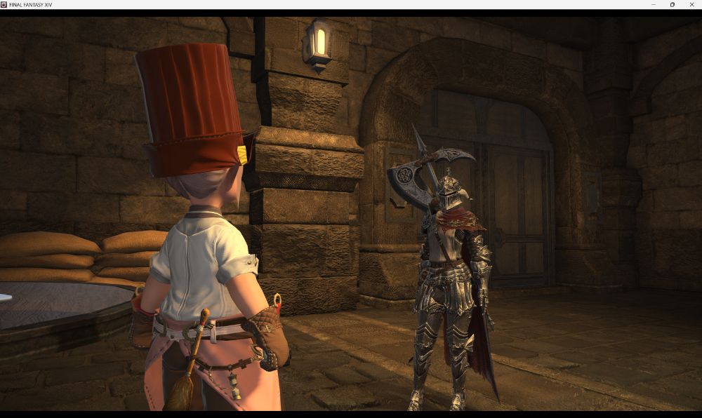 A shot of Tataru as a Culinarian, seen from behind on the left side of the screen. The Warrior of Light (female Auri Raen wearing full Warrior Cryptlurker gear) stands facing her - and thus the camera - on the right side of the screen.