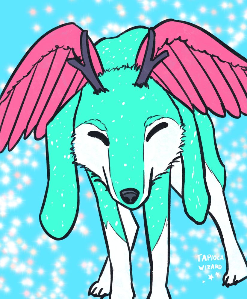 My OC Kokabee, a creature with a face like a fox, closed eyes, floppy ears like a rabbit, small antlers, and pink wings on its back. The image is extremely saturated in a bright cyan color, meant to visually contrast with the previous image, producing an optical illusion when viewed consecutively. 
