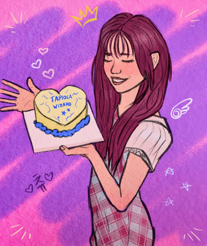 A sketchy digital drawing of Chuu from Loona holding a cake with my artist signature on it. She wears a plaid dress and has lots of extra little doodles around like a wing near her back and a crown near her head. 