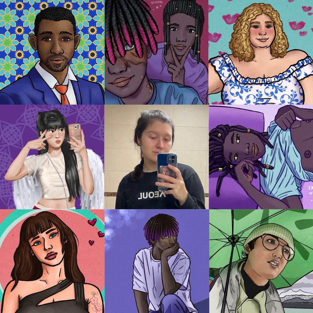 A 3-by-3 grid of images, with a photo of myself in the center and my art in the 8 squares around it. I'm a masculine Indigenous person with long hair in a braid down one shoulder, taking a mirror selfie. My art is mostly of my original characters, except two pieces (one of Choerry from Loona and the other of Ben from Jet Lag: The Game). My art has bold colors, most with thick, strong lineart. 