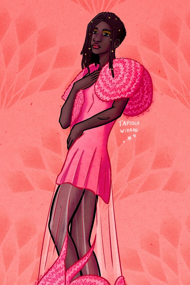 Digital art of my original character Nzuzi, a skinny, androgynous Black man, wearing Glinda's 'Popular' dress from the movie Wicked. Nzuzi has his hair in long dreadlocks with gold jewelry, and wears glittery gold eyeshadow and bright pink lipstick. He also has a scar on his left forearm. The dress is pink and frilly, with giant puffy decorations on the sleeves and a sheer overlay on the skirt, partially covering his legs. 