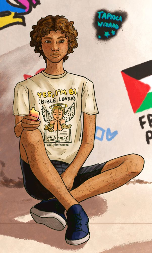 A digital art piece of Gabriel, an original character. He is a genderfluid (but fairly masc-presenting here) skinny Filipino in his early 20s. He has curly hair and freckles all over his body, and is sits in front of a lightly graffitied wall holding a vape with bright purple nails on his hand. His tshirt says, "Yes, I'm bi (Bible Lover). And also bisexual." 
