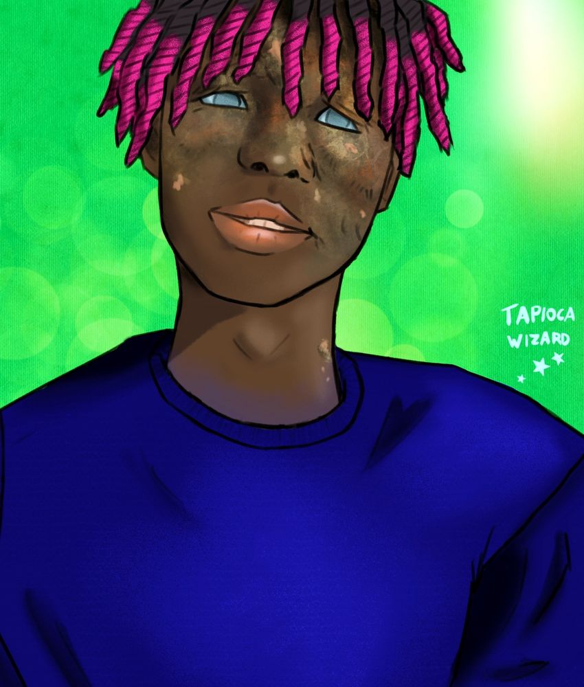 A digital illustration of a Black man with severe burn scars on his face. He has his hair in fairly short twists with pink dye at the ends.